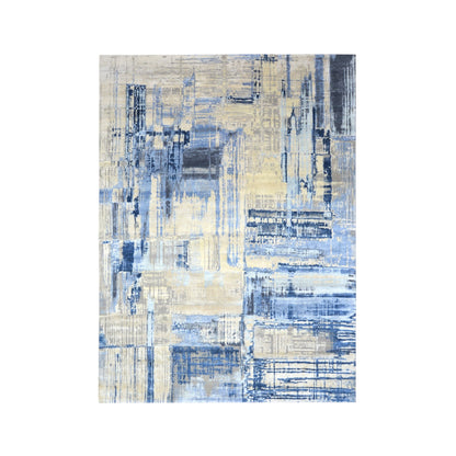 Grey, Blue and Ivory Silk and Wool Modern Textured Handknotted 8.10x12.3Ft 270x374Cms Area Rug