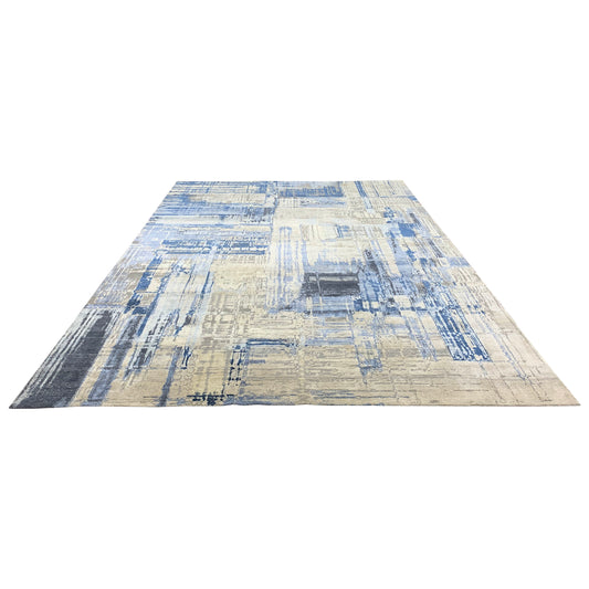Grey, Blue and Ivory Silk ans Wool Modern Textured Handknotted 8.10x12.3Ft 270x374Cms Area Rug