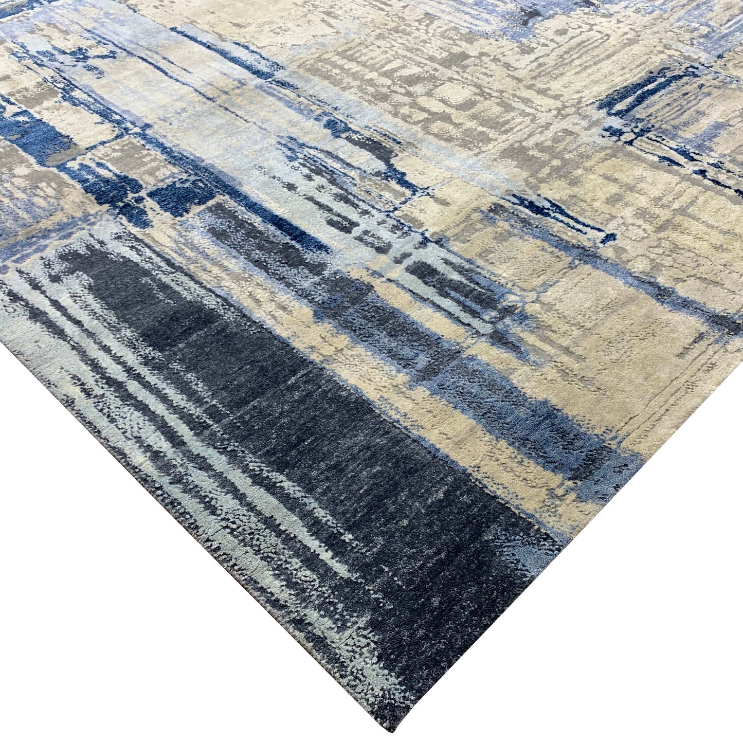 Grey, Blue and Ivory Silk ans Wool Modern Textured Handknotted 8.10x12.3Ft 270x374Cms Area Rug