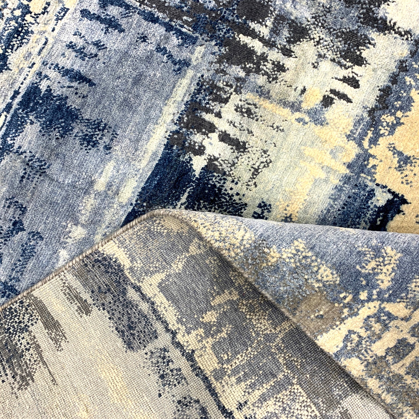 Grey, Blue and Ivory Silk ans Wool Modern Textured Handknotted 8.10x12.3Ft 270x374Cms Area Rug