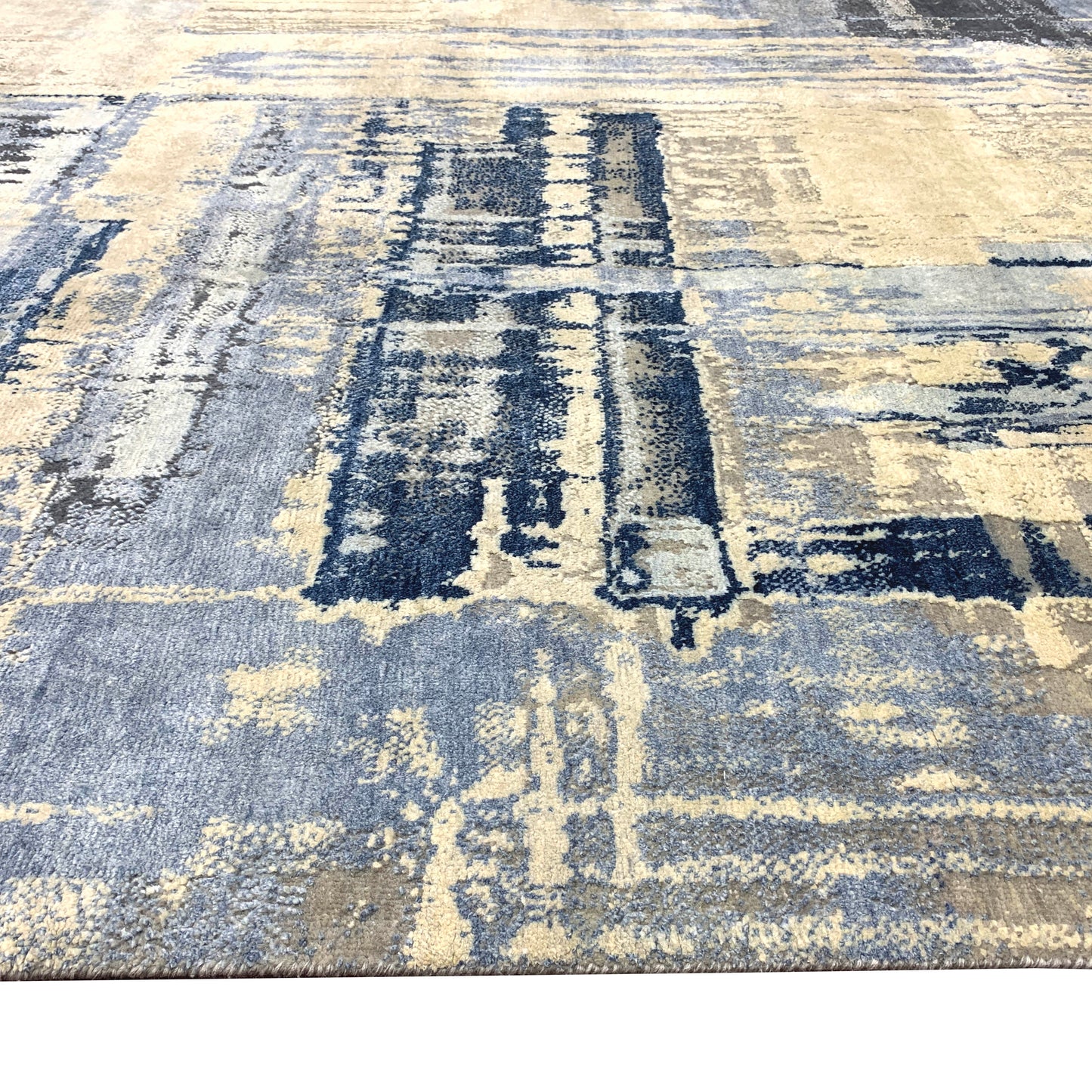 Grey, Blue and Ivory Silk ans Wool Modern Textured Handknotted 8.10x12.3Ft 270x374Cms Area Rug