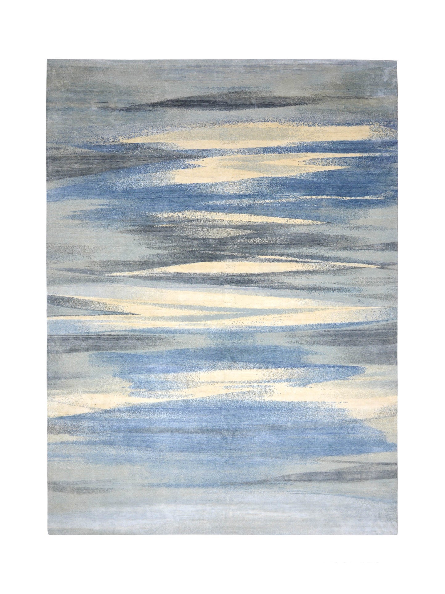 Beige Blue, Silk Wool Modern Abstract Handknotted 9.0x12.2Ft 274x370Cms Area Rug