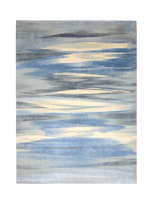 Beige Blue, Silk Wool Modern Abstract Handknotted 9.0x12.2Ft 274x370Cms Area Rug