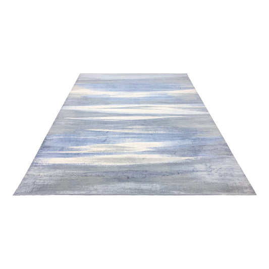 Beige Blue, Silk Wool Modern Abstract Handknotted 9.0x12.2Ft 274x370Cms Area Rug
