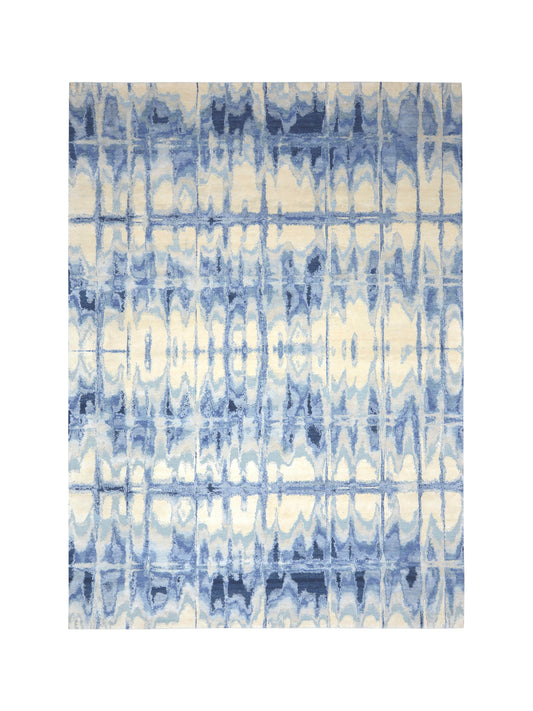 Beige, Grey and Blue Silk and Wool Modern Abstract Handknotted 9.0x12.6Ft 274x380Cms Area Rug