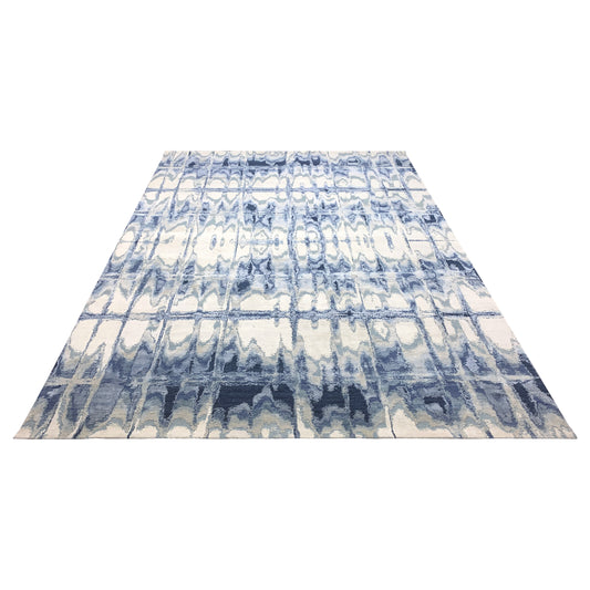 Beige, Grey and Blue Silk and Wool Modern Abstract Handknotted 9.0x12.6Ft 274x380Cms Area Rug