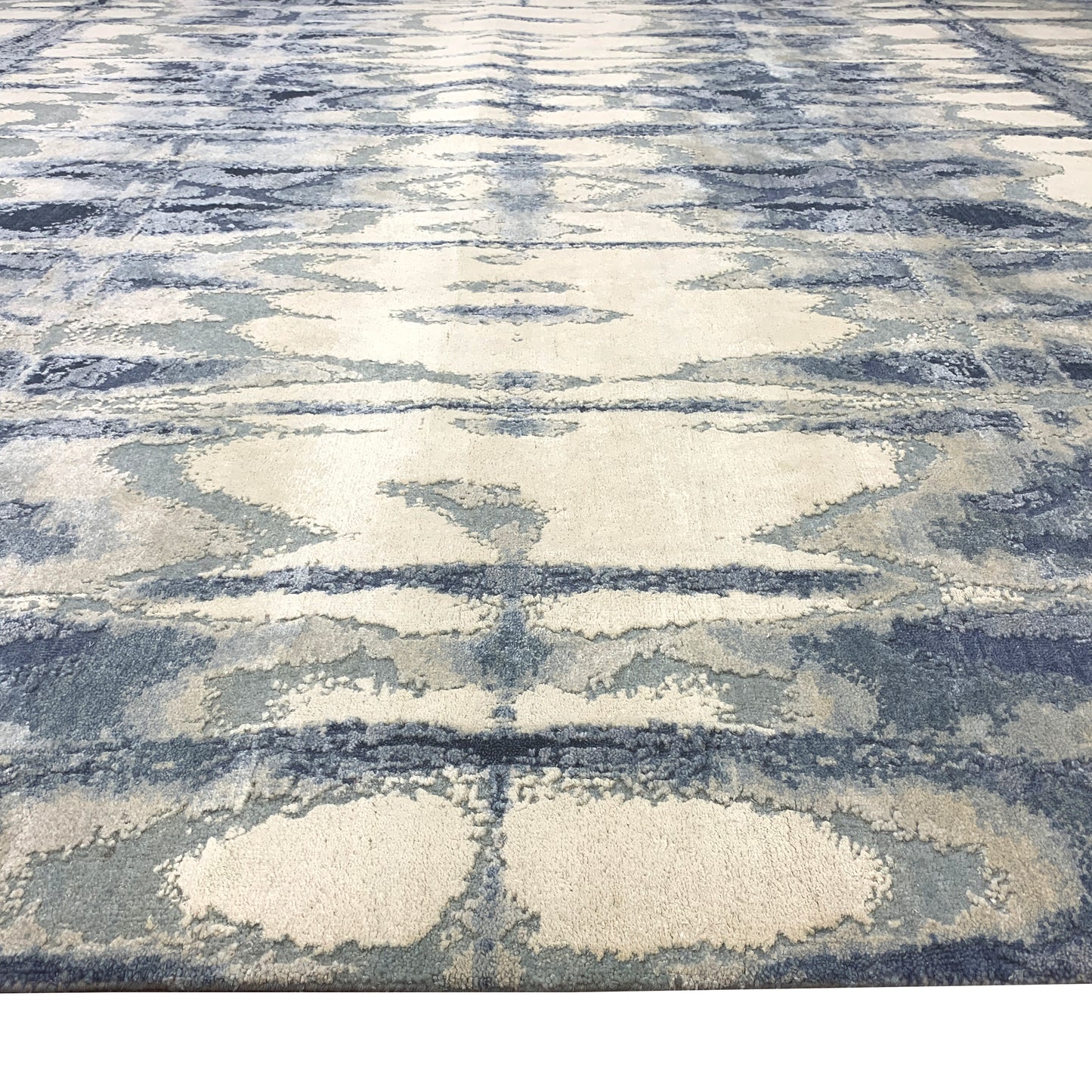 Blue Grey, Silk Wool Hi-Lo Modern Abstract Handknotted 9.0x12.6Ft 274x380Cms Area Rug