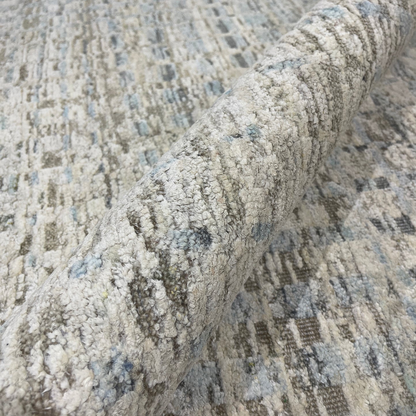 Beige Blue, Silk Wool Oxidized Modern Pattern Handknotted 8.0x10.0ft 245x305Cms Area Rug