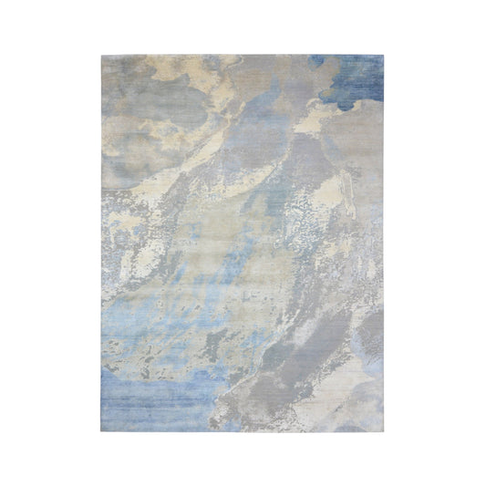 Grey and Blue Silk and Wool Modern Abstract Handknotted 9.0x12.2Ft 273x370Cms Area Rug