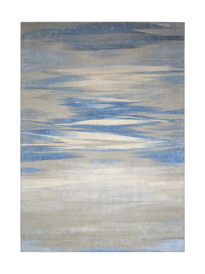 Grey Blue, Silk Wool Hi-Lo Modern Abstract HandKnotted 9.11x14.0Ft 301x427Cms Area Rug