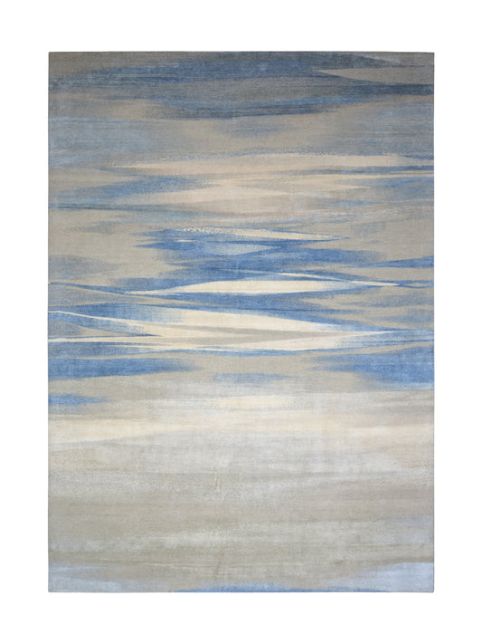Grey Blue, Silk Wool Hi-Lo Modern Abstract HandKnotted 9.11x14.0Ft 301x427Cms Area Rug