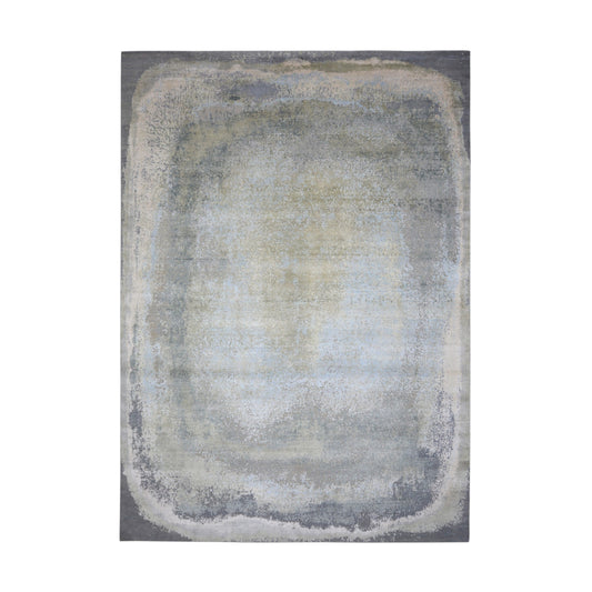 Grey and Ivory Silk and Wool Modern Abstract Handknotted Area Rug 10.0x14.2 FT. 305x430CMS