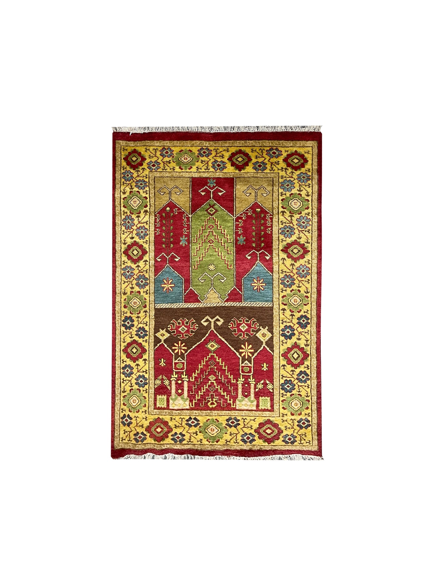 Gold and Multy, Pure Wool, Traditional HandKnotted 4.0x5.11Ft 122x180Cms Area Rug