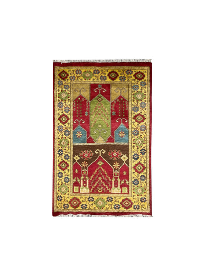 Gold and Multy, Pure Wool, Traditional HandKnotted 4.0x5.11Ft 122x180Cms Area Rug