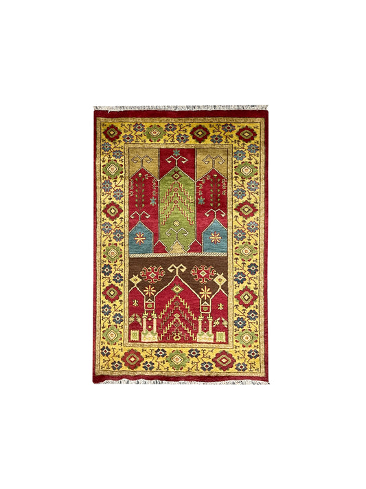 Gold and Multy, Pure Wool, Traditional HandKnotted 4.0x5.11Ft 122x180Cms Area Rug