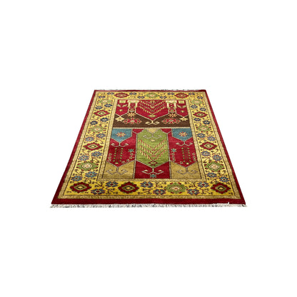 Gold and Multy, Pure Wool, Traditional HandKnotted 4.0x5.11Ft 122x180Cms Area Rug