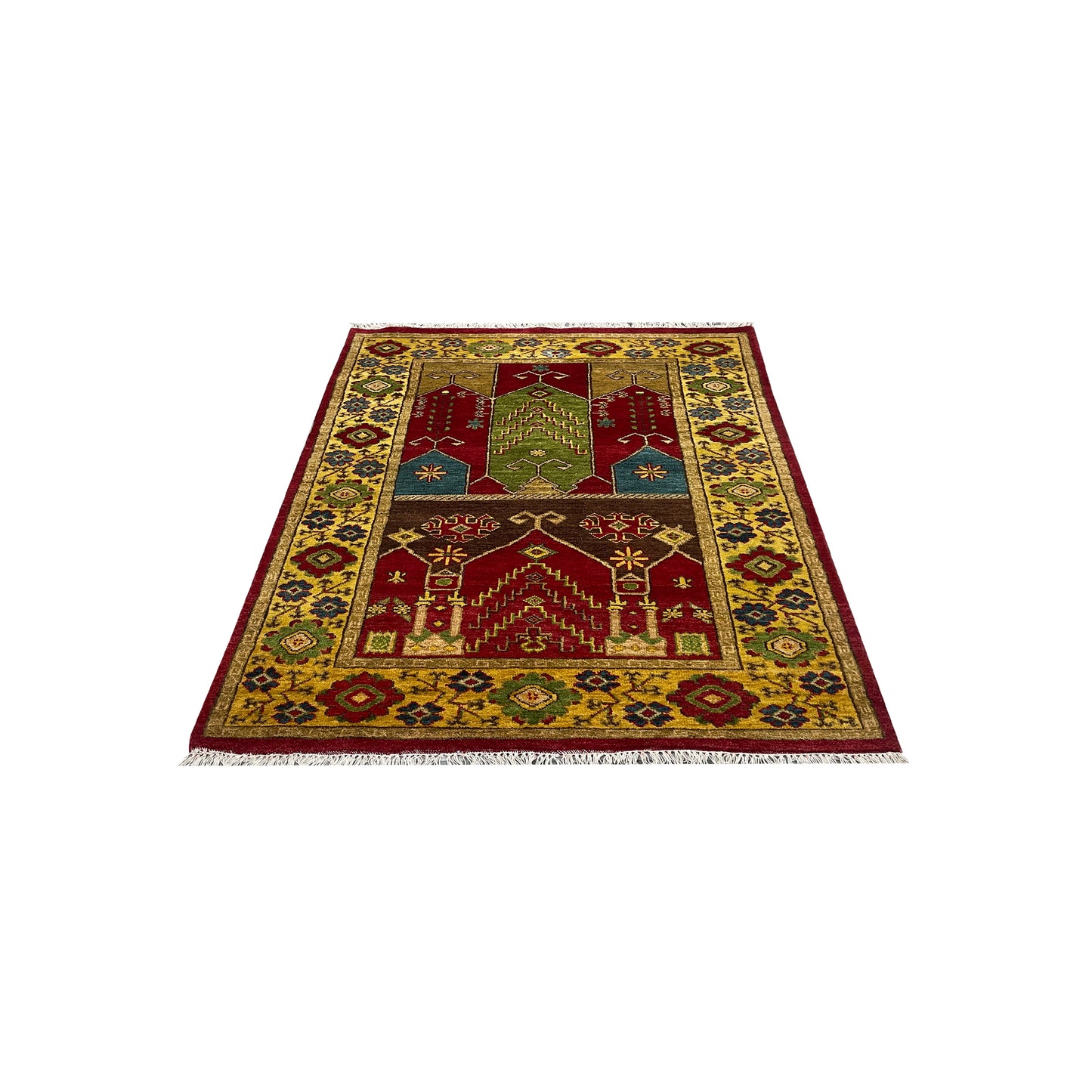 Gold and Multy, Pure Wool, Traditional HandKnotted 4.0x5.11Ft 122x180Cms Area Rug