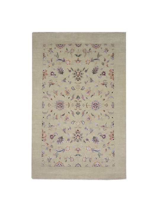 Beige Silk and Wool Jaipur Erased Transitional Handknotted 6.5x9.11ft 195x303Cms Area Rug