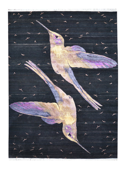 Black, Multy Sari Silk Modern Handknotted Area Rug 8.9x12.2ft 266x370Cms