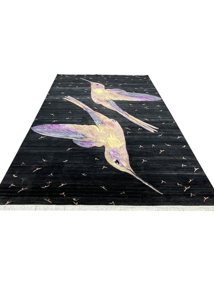 Black, Multy Sari Silk Modern Handknotted Area Rug 8.9x12.2ft 266x370Cms
