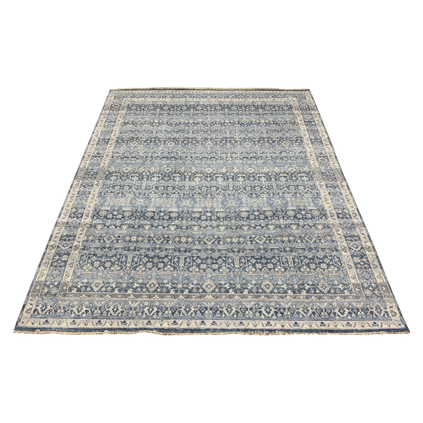Grey and Blue Pure Wool Traditional Handknotted Area Rug