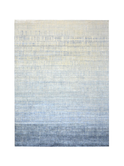 Blue, Grey and Ivory Silk and Wool Modern Textured Handknotted 9.0x12.3Ft 275x372Cms Area Rug