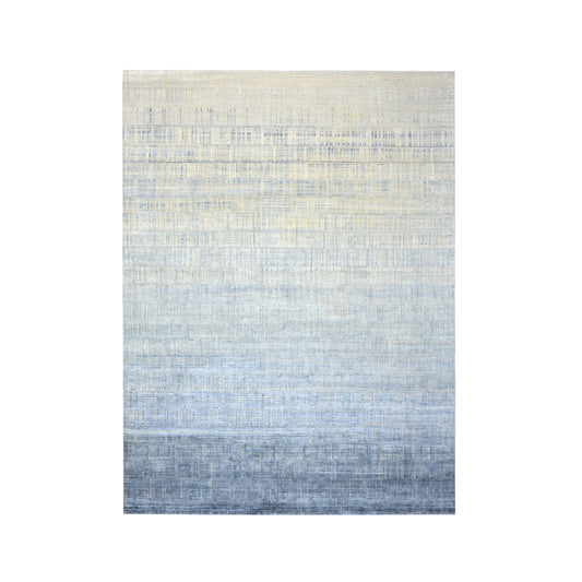 Blue, Grey and Ivory Silk and Wool Modern Textured Handknotted 9.0x12.3Ft 275x372Cms Area Rug