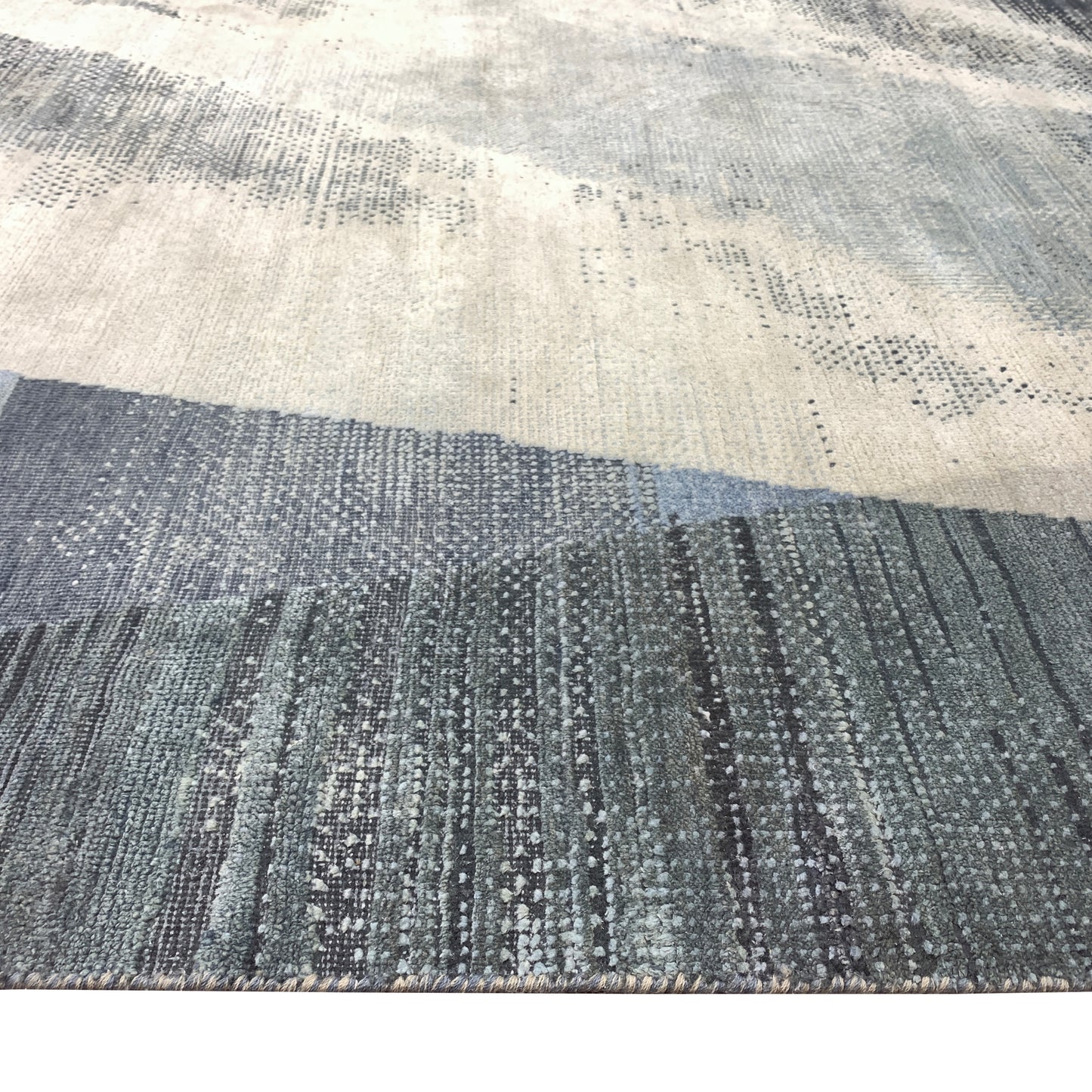 Charcoal, Blue and Grey Silk and Wool Modern Abstract Handknotted Area Rug