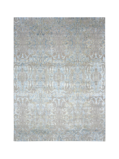 Grey, Blue and Silver Silk and Wool Modern Abstract Handknotted Area Rug