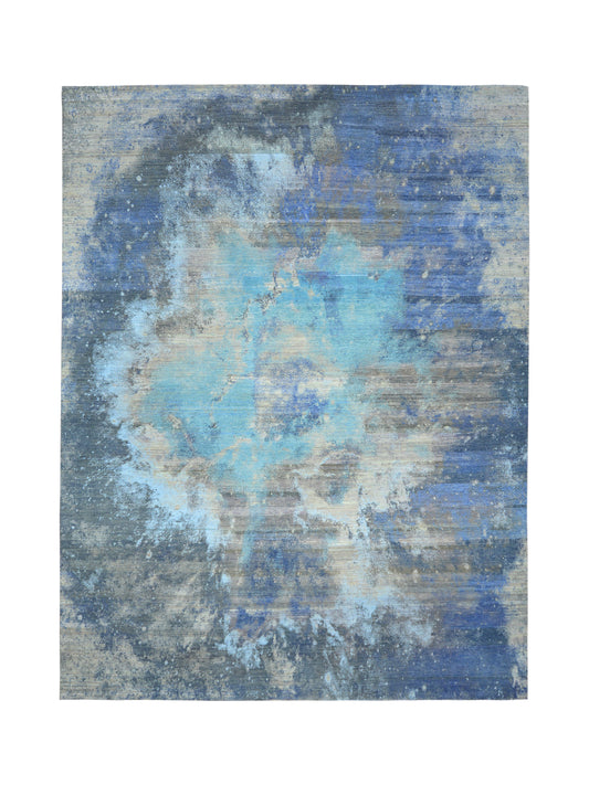 Grey, Blue and Charcoal Pure Wool Modern Galaxy Handknotted Area Rug