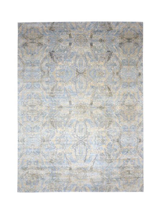 Beige, Grey and Blue Silk and Wool Modern Abstract Handknotted Area Rug