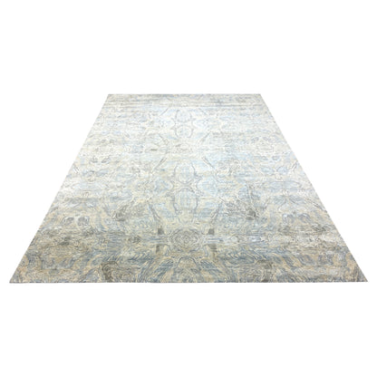 Beige, Grey and Blue Silk and Wool Modern Abstract Handknotted Area Rug