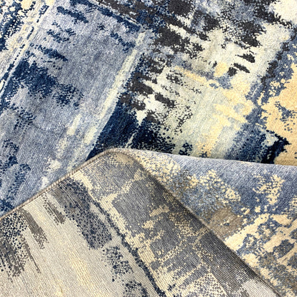 Grey, Blue and Ivory Silk ans Wool Modern Textured Handknotted Area Rug