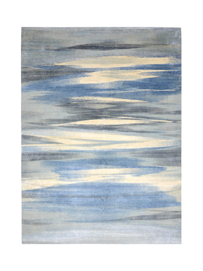 Beige, Grey and Blue Silk and Wool Modern Abstract Handknotted Area Rug