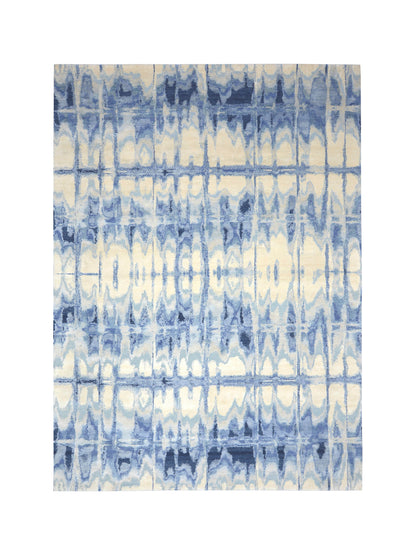 Beige, Grey and Blue Silk and Wool Modern Abstract Handknotted Area Rug