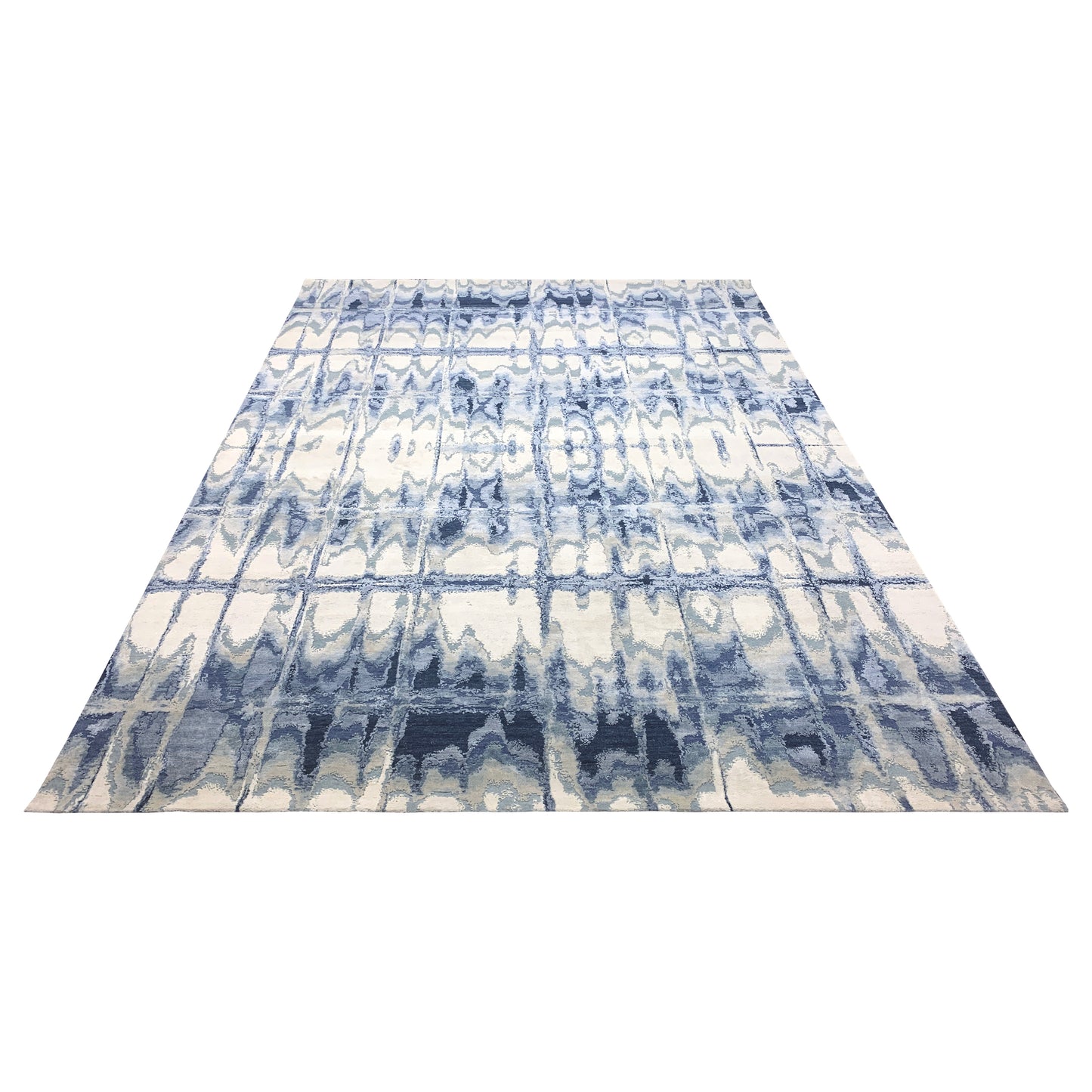 Beige, Grey and Blue Silk and Wool Modern Abstract Handknotted Area Rug