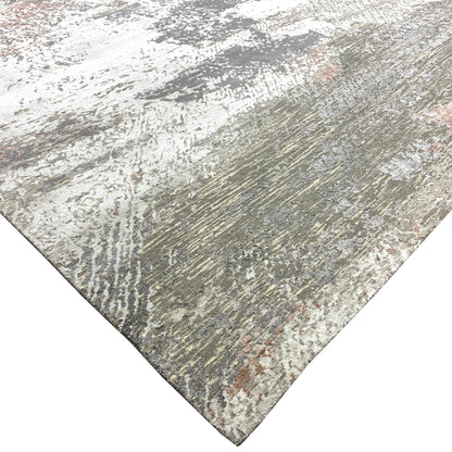 Grey, Beige and Ivory Viscose and Wool Modern Abstract Handknotted Area Rug