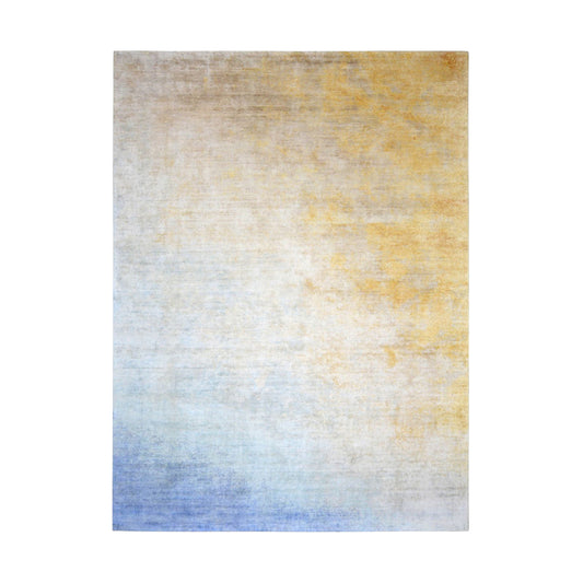 Blue and Gold Art Inspired Modern Abstract Blended Silk Handknotted Area Rug