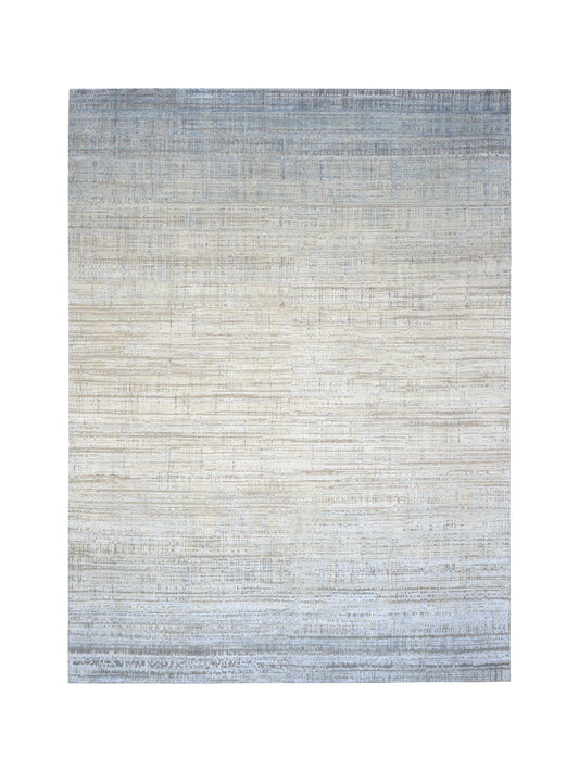 Ivory and Grey Silk and Wool Modern Textured Handknotted Area Rug