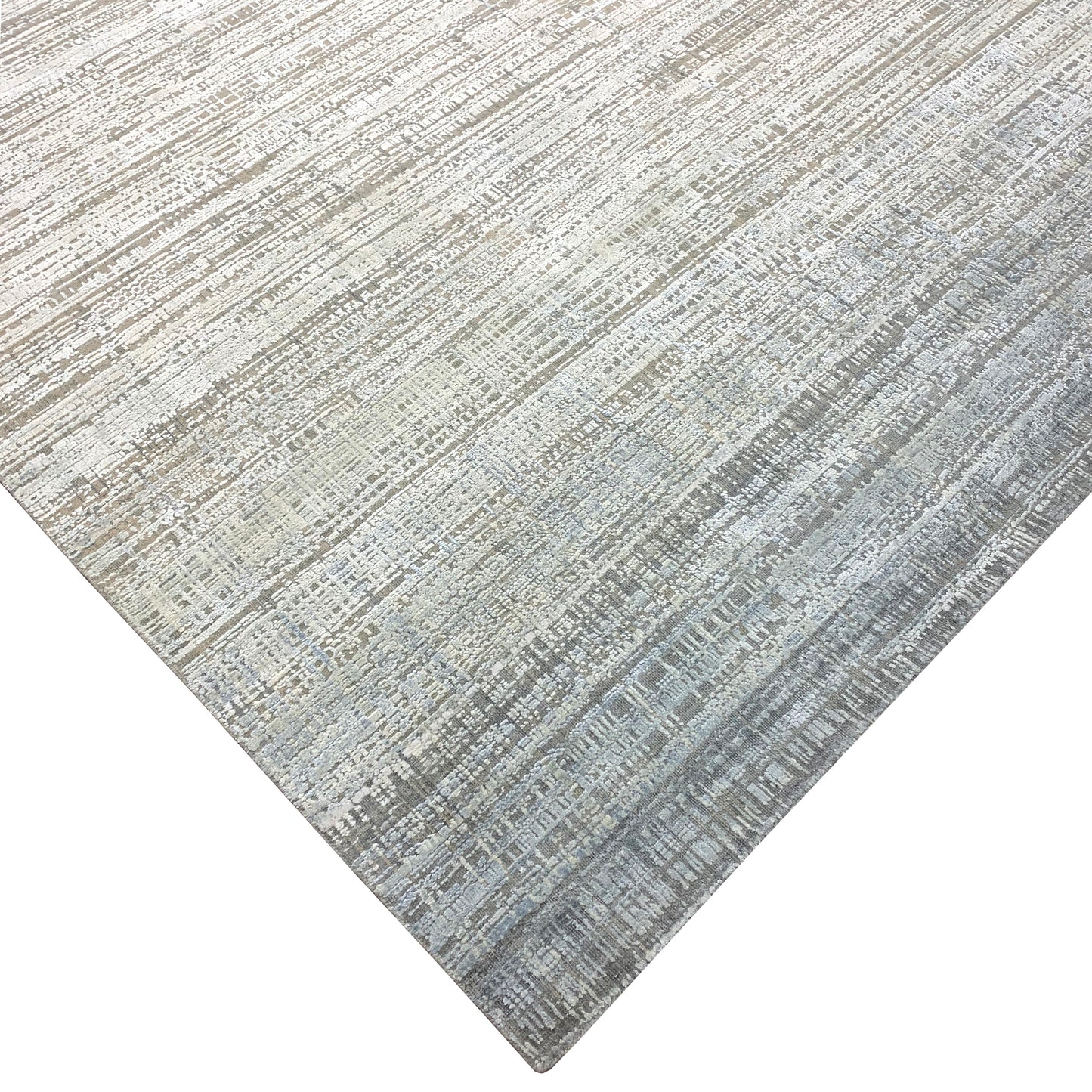 Ivory and Grey Silk and Wool Modern Textured Handknotted Area Rug