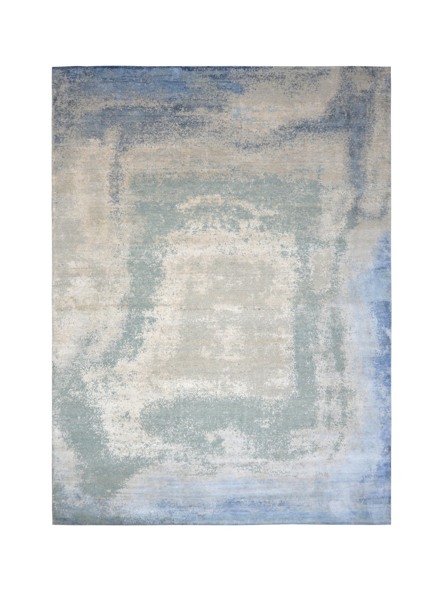 Grey and Blue Silk and Wool Modern Abstract Handknotted Area Rug