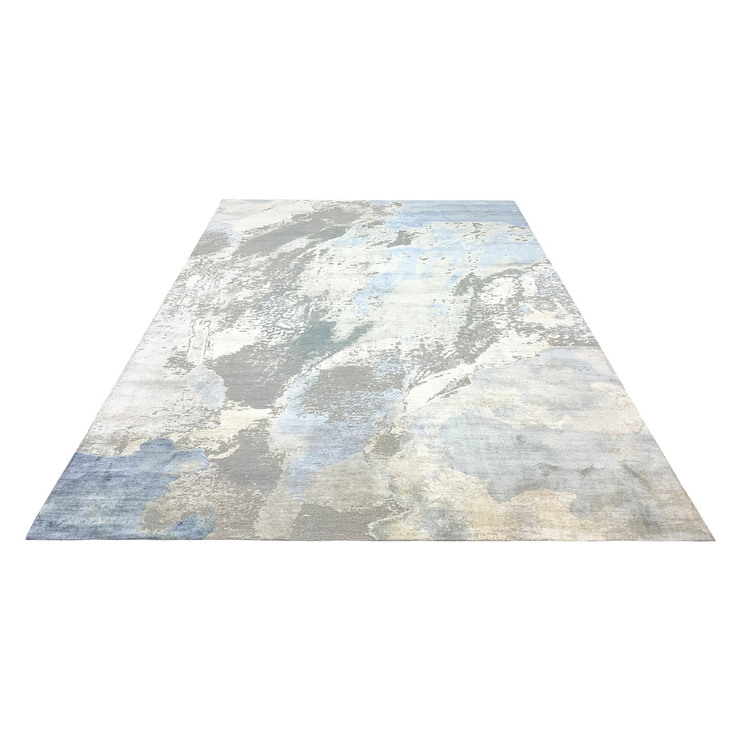 Grey and Blue Silk and Wool Modern Abstract Handknotted Area Rug