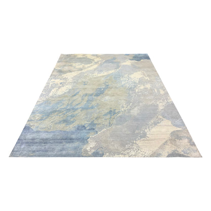 Grey and Blue Silk and Wool Modern Abstract Handknotted Area Rug