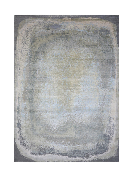 Grey and Ivory Silk and Wool Modern Abstract Handknotted Area Rug 10.0x14.2 FT. 305x430CMS