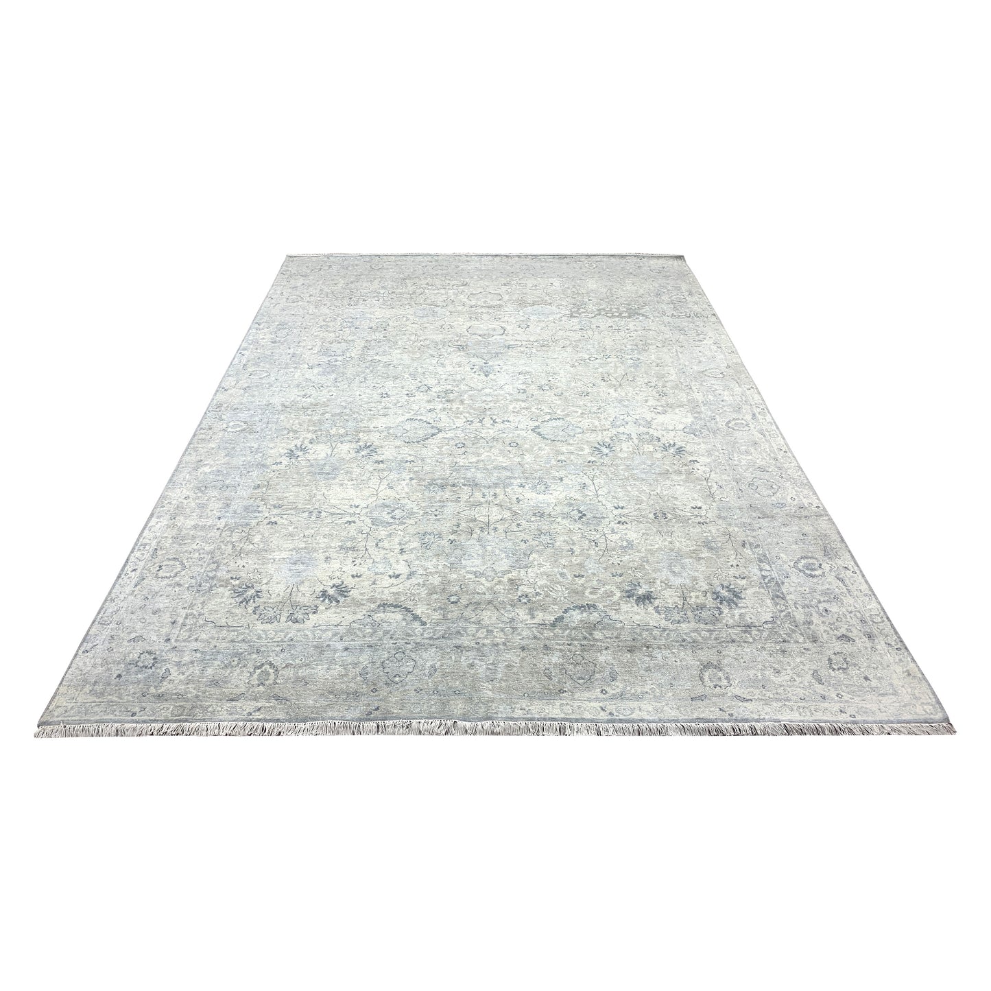 Grey and Ivory Blended Silk Traditional Persian Erased Handknotted Area Rug