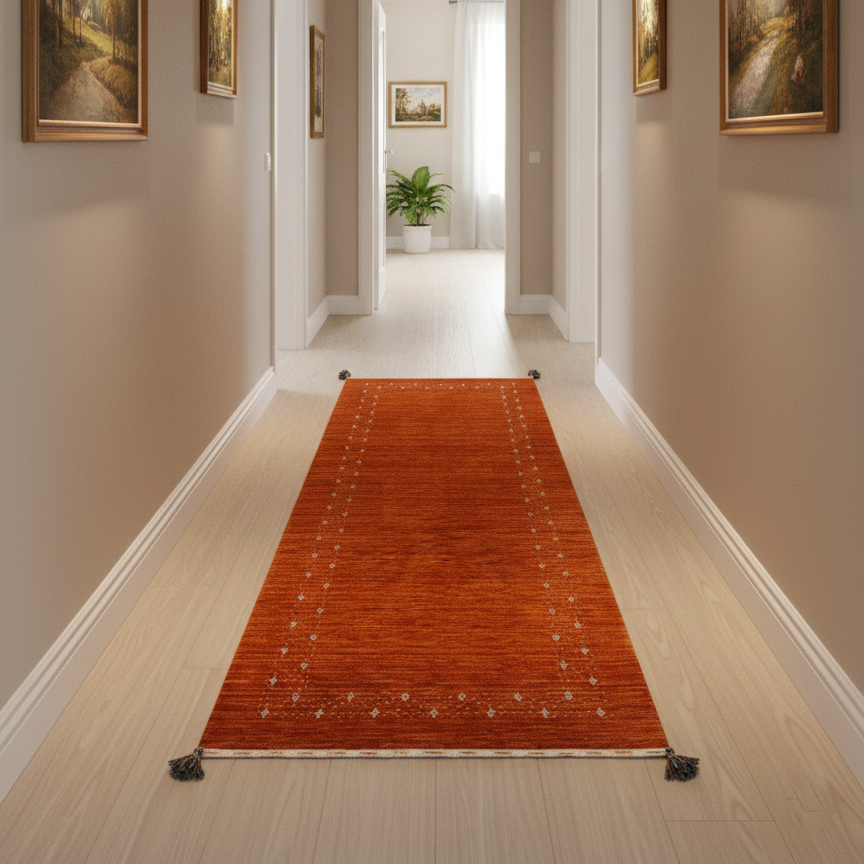 Orange, Pure Wool, Modern Handloom 2.6x8.2Ft 77x250Cms Area Rug