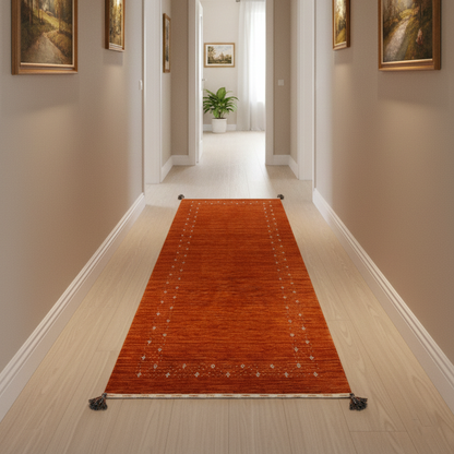 Orange, Pure Wool, Modern Handloom 2.6x8.2Ft 77x250Cms Area Rug