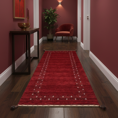Red, Pure Wool, Modern Handloom 2.6x8.2Ft 77x250Cms Area Rug