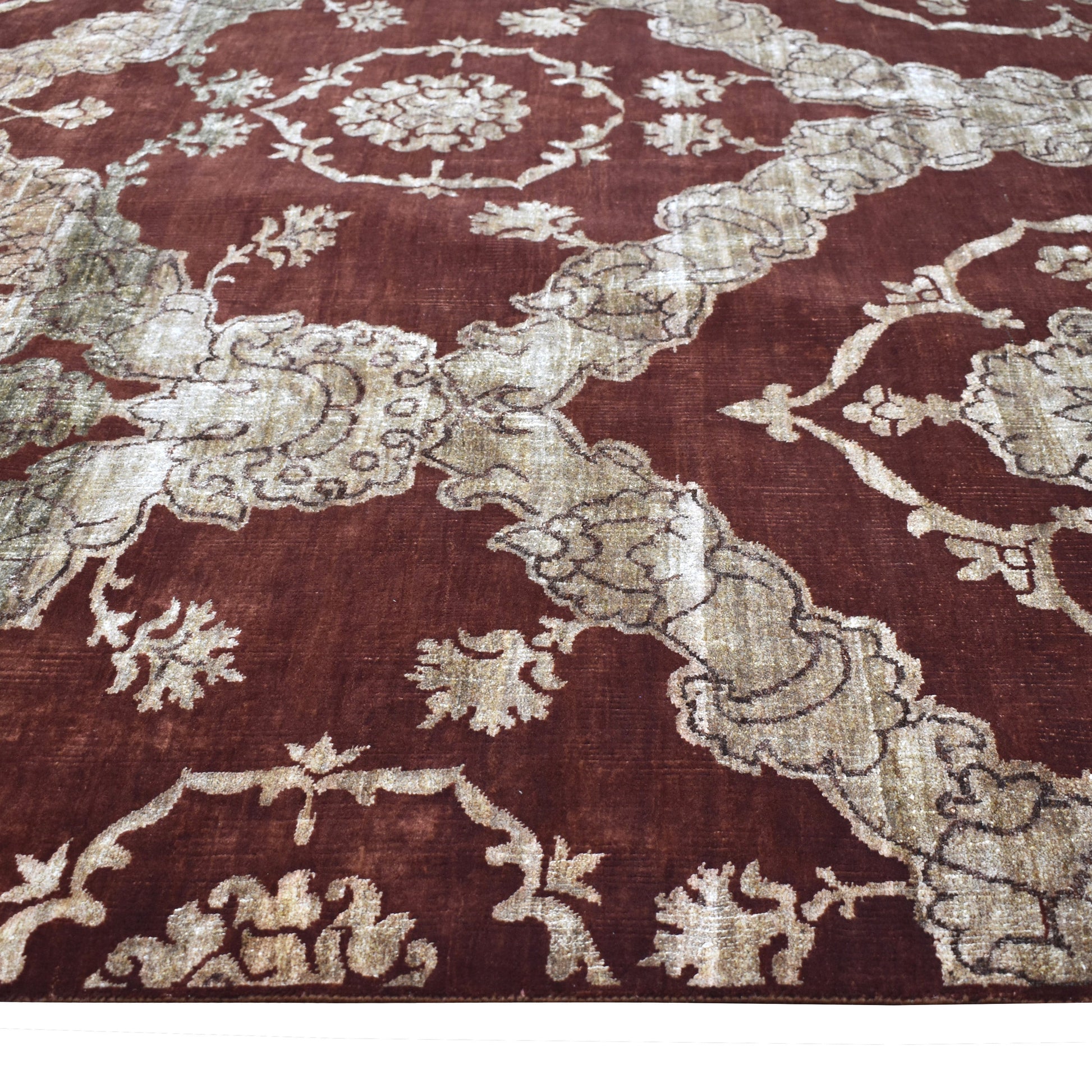 Get trendy with Damask Red, Brown and Gold Silk and Wool Transitional Handknotted Area Rug - Transitional Rugs available at Jaipur Oriental Rugs. Grab yours for $6035.00 today!