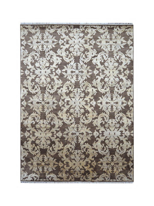 Lisbon Damask Brown and Ivory Transitional Silk and Wool Handknotted Area Rug